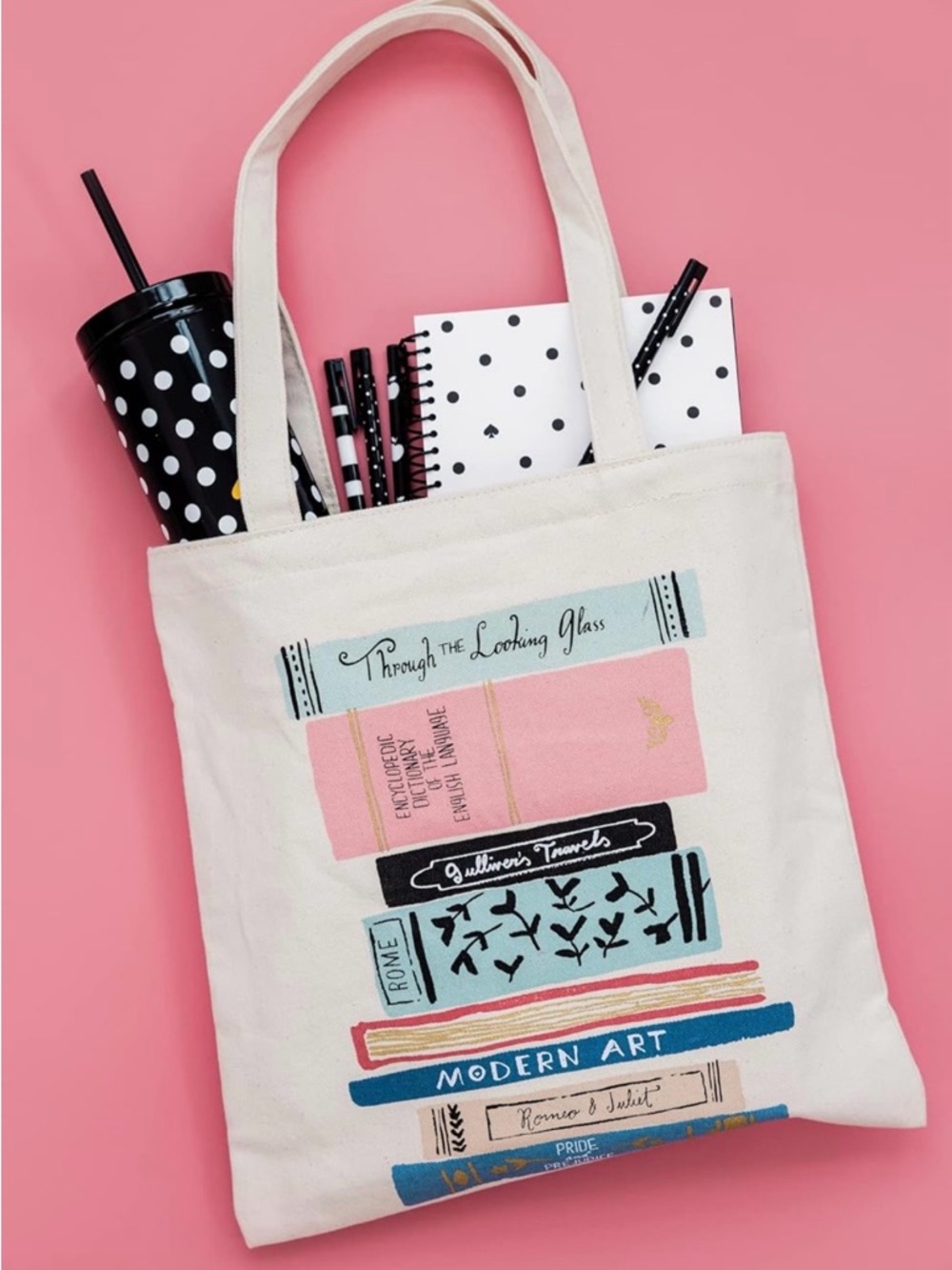 ❌SOLD❌ kate spade Cream Canvas Tote with Pink and Blue Book Stack Print - Picture 8 of 10